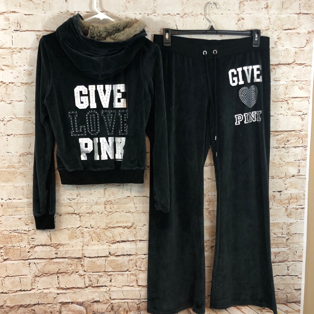 VICTORIAS SECRET PINK Velour Fur Hoodie sweatsuit Pants set LARGE black bling